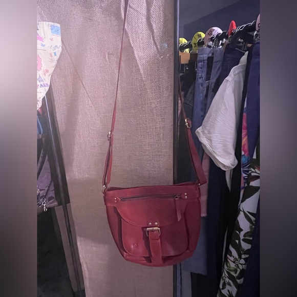 BORN Genuine Leather Red Wine Colored Crossbody Bag with Belt Buckle Hardware - Picture 3 of 11